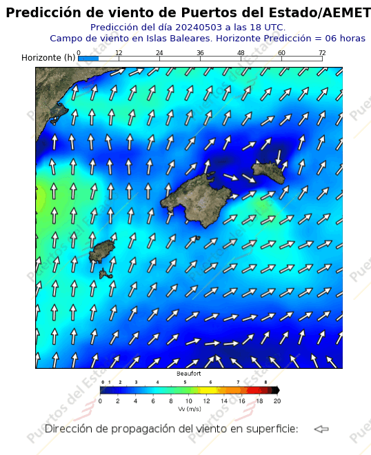 Predicción de vientode Puertos del Estado/AEMET Mediterraneo  06 horas