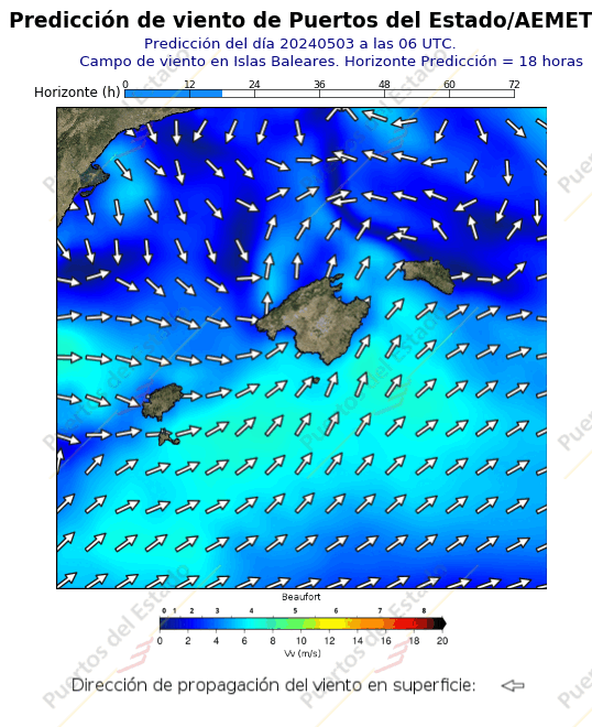 Predicción de vientode Puertos del Estado/AEMET Mediterraneo  18 horas