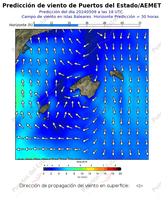Predicción de vientode Puertos del Estado/AEMET Mediterraneo  30 horas