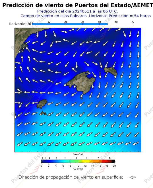 Predicción de vientode Puertos del Estado/AEMET Mediterraneo  54 horas