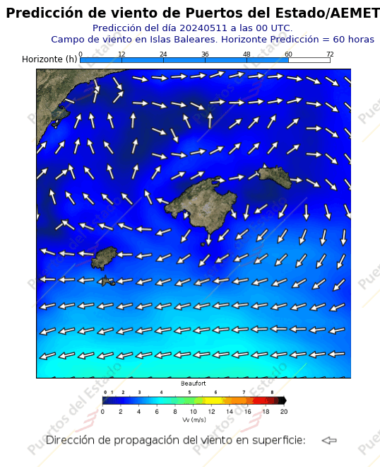Predicción de vientode Puertos del Estado/AEMET Mediterraneo  60 horas
