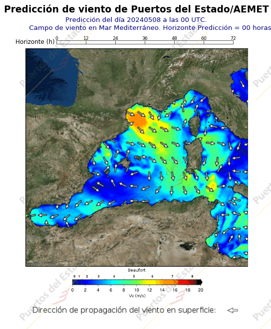 Predicción de vientode Puertos del Estado/AEMET Mediterraneo  00 horas