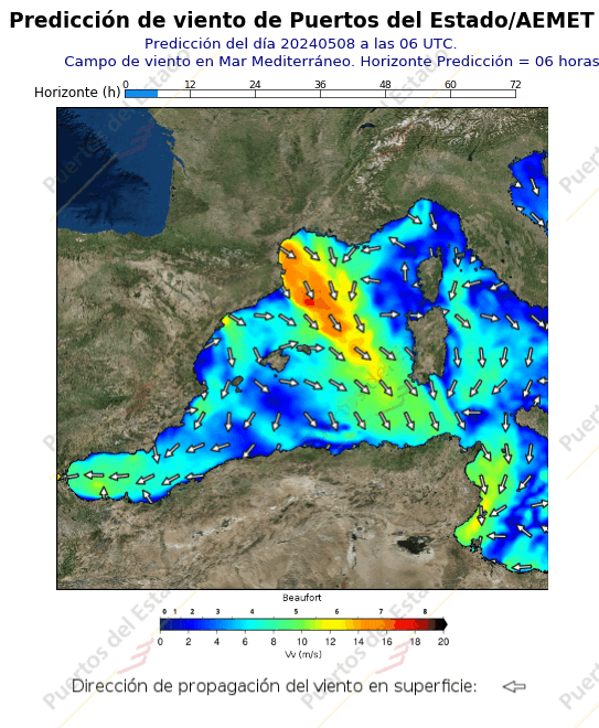 Predicción de vientode Puertos del Estado/AEMET Mediterraneo  06 horas