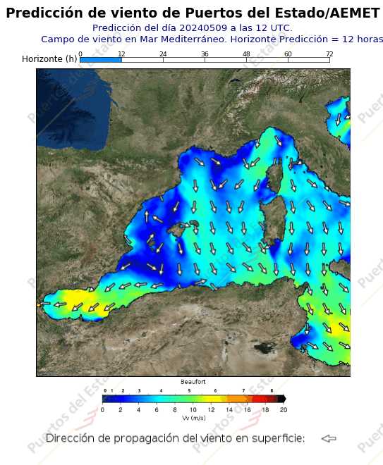 Predicción de vientode Puertos del Estado/AEMET Mediterraneo  12 horas
