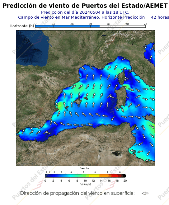 Predicción de vientode Puertos del Estado/AEMET Mediterraneo  42 horas