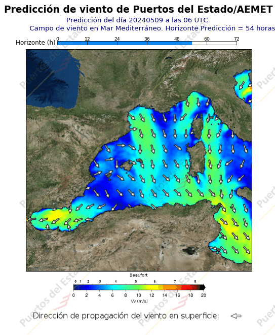 Predicción de vientode Puertos del Estado/AEMET Mediterraneo  54 horas
