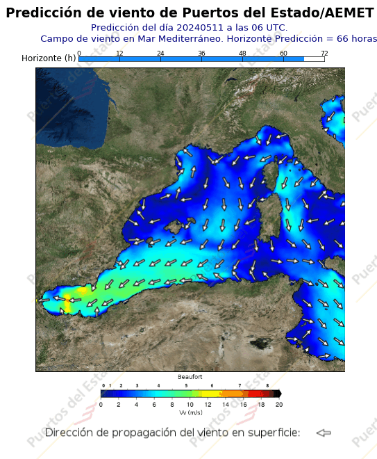 Predicción de vientode Puertos del Estado/AEMET Mediterraneo  66 horas